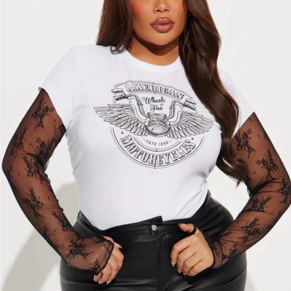 White Graphic Tee with Black Lace Sleeves